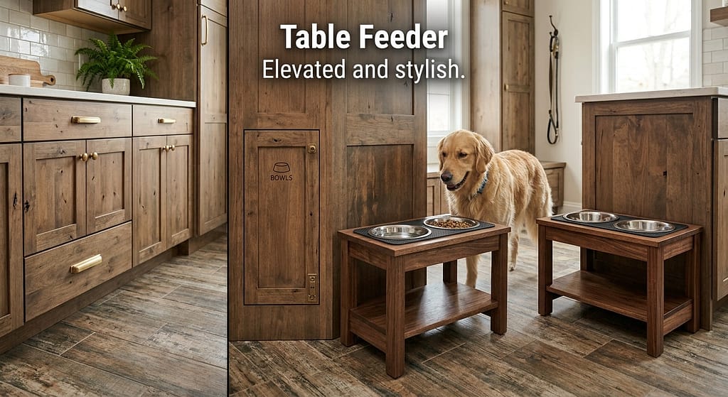 Table feeder photo Bowls on small side table. Text: "Elevated and stylish."