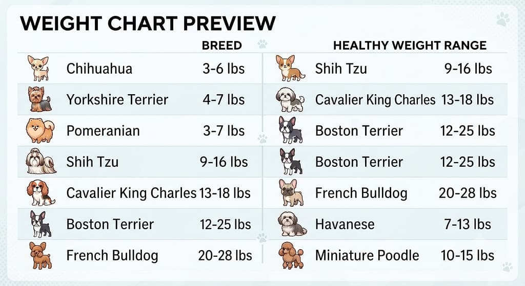 Breed
Healthy Weight Range
Chihuahua
3-6 lbs
Yorkshire Terrier
4-7 lbs
Pomeranian
3-7 lbs
Shih Tzu
9-16 lbs
Cavalier King Charles
13-18 lbs
Boston Terrier
12-25 lbs
French Bulldog
20-28 lbs
Havanese
7-13 lbs
Miniature Poodle
10-15 lbs
