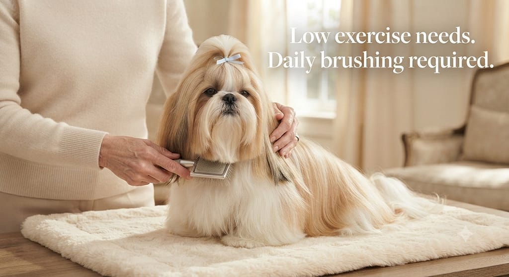 Shih Tzu grooming photo Brushing Shih Tzu coat. Text: "Low exercise needs. Daily brushing required."