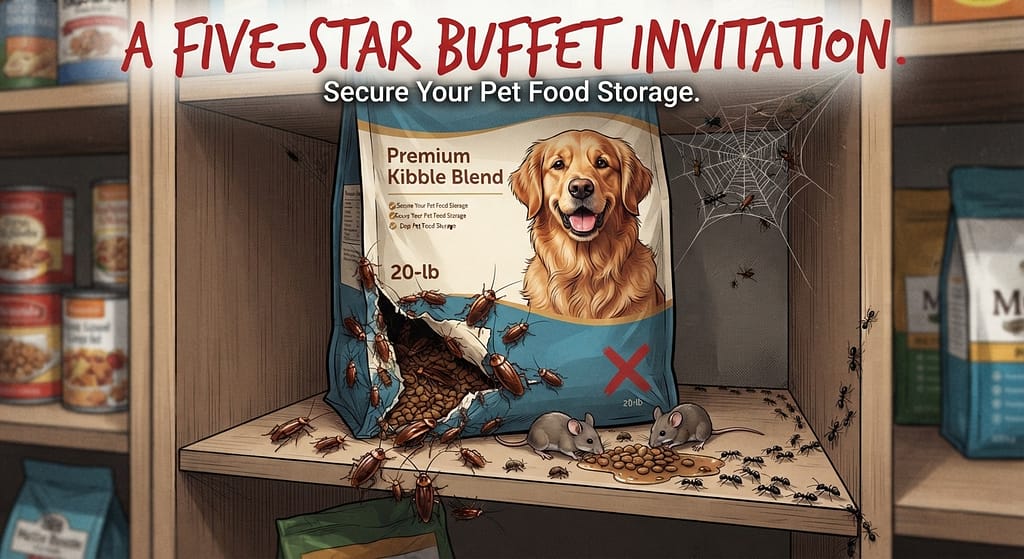 Pest warning graphic Bugs, mice, ants around dog food bag (❌). Text: "A five-star buffet invitation."
