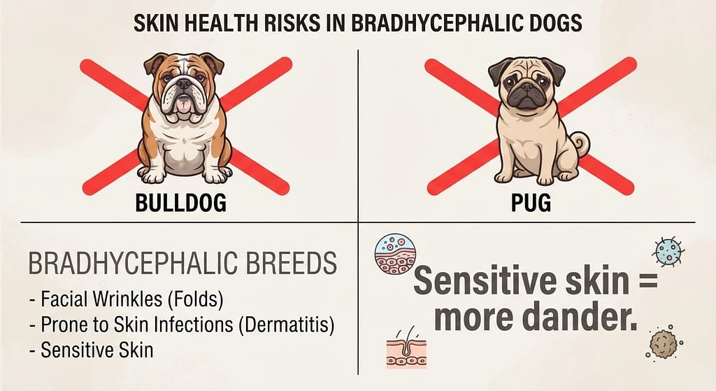 Brachycephalic dogs grid Bulldogs, Pugs with red X. Text: "Sensitive skin = more dander."