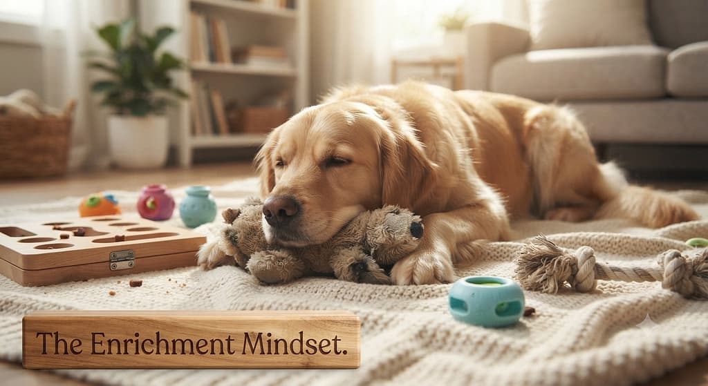 "After" hero photo Calm, content dog resting after enrichment session. Text: "The enrichment mindset."