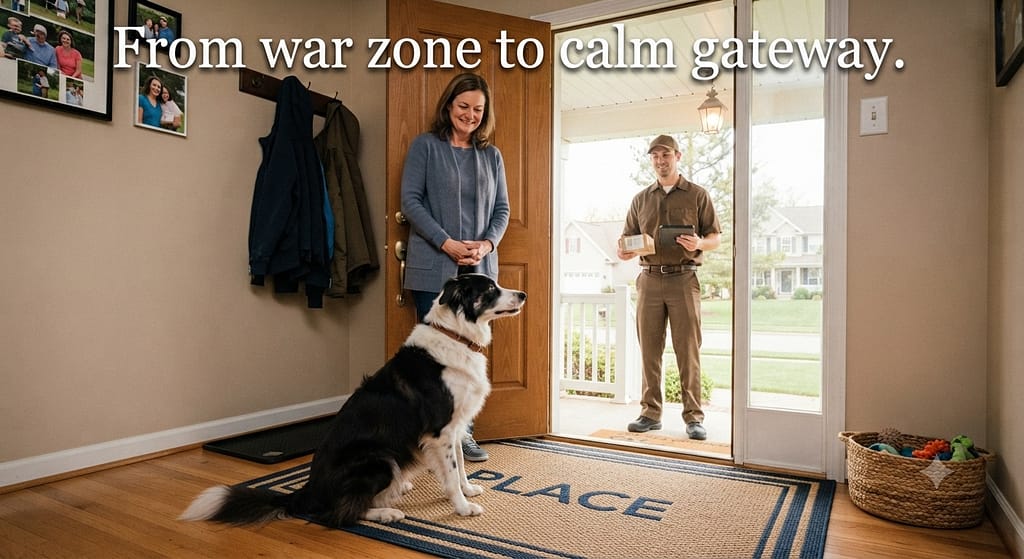 Aspirational hero photo Calm dog on "Place" mat as door opens, owner relaxed, delivery person visible. Text: "From war zone to calm gateway."