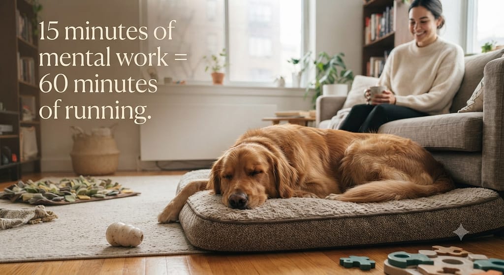 Aspirational hero photo Calm dog resting peacefully after enrichment session, owner relaxed. Text: "15 minutes of mental work = 60 minutes of running."