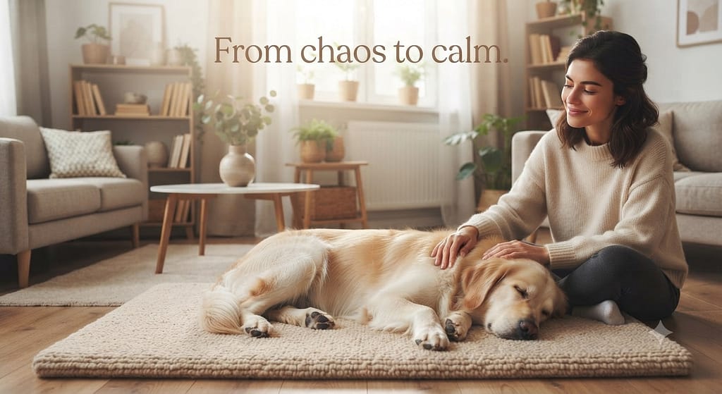 Aspirational hero photo Calm dog resting peacefully on mat, owner relaxed. Text: "From chaos to calm."