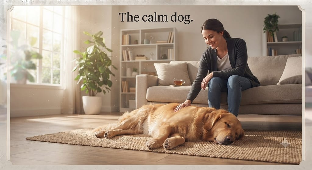 "After" hero photo Calm dog resting peacefully, owner relaxed, peaceful apartment. Text: "The calm dog."