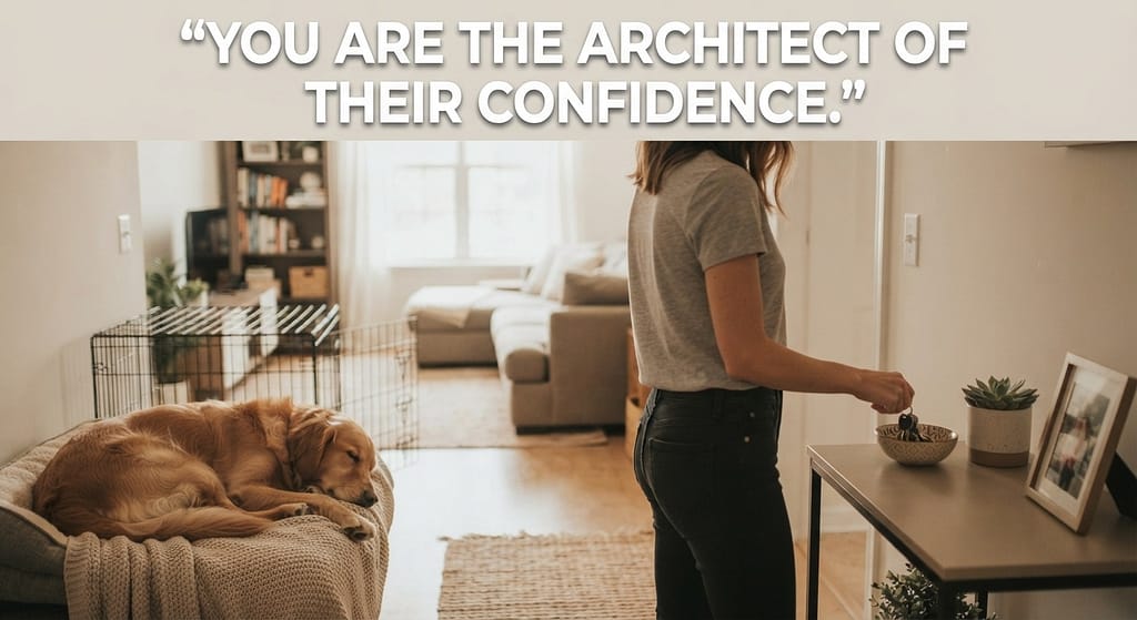 "After" hero photo Calm dog sleeping as owner grabs keys, peaceful apartment. Text: "You are the architect of their confidence."