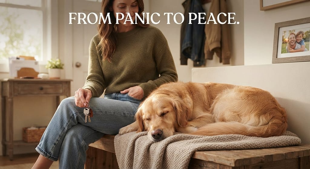 Aspirational hero photo Calm dog sleeping peacefully as owner holds keys, relaxed. Text: "From panic to peace."