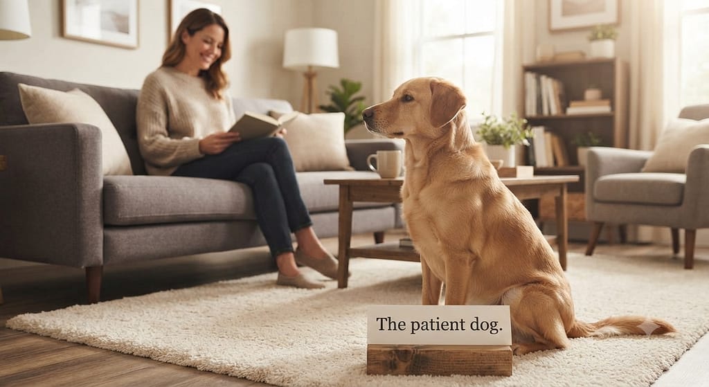 "After" hero photo Calm dog waiting patiently in apartment, owner relaxed. Text: "The patient dog."