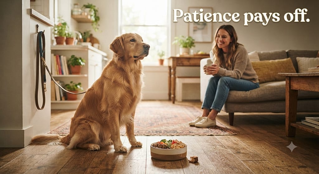 Aspirational hero photo Calm dog waiting patiently while food is on the floor, owner relaxed. Text: "Patience pays off."