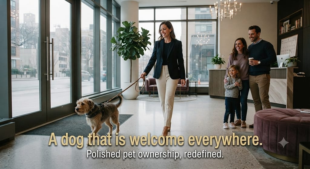 Aspirational hero photo Calm dog walking politely through building lobby, owner relaxed, neighbors smiling. Text: "A dog that is welcome everywhere."