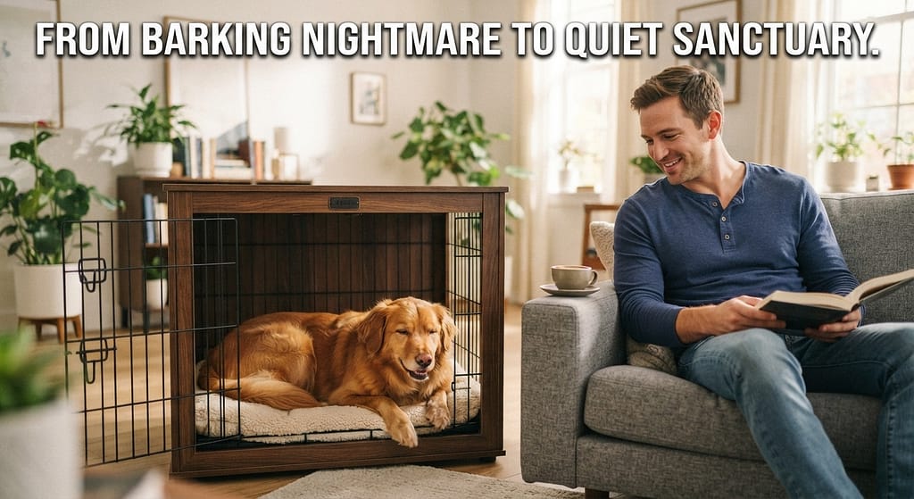 Aspirational hero photo Calm, happy dog in cozy crate, owner relaxed. Text: "From barking nightmare to quiet sanctuary."