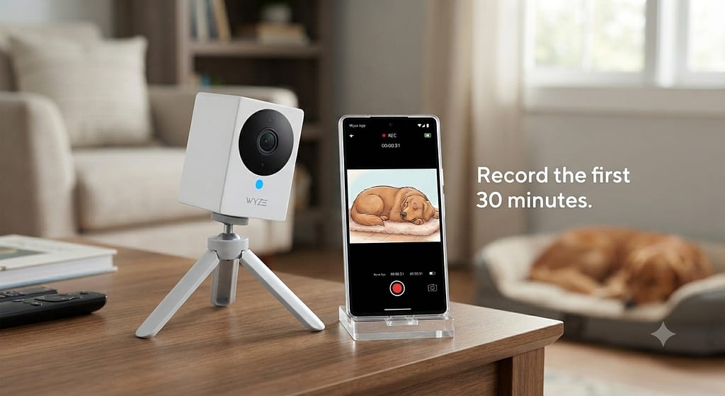 Wyze/Blink camera photo Camera set up, phone showing dog view. Text: "Record the first 30 minutes."