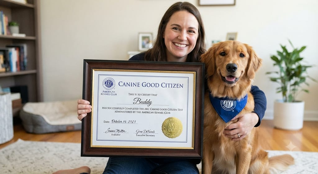 CGC certificate photo Canine Good Citizen certificate. Text: "Prove your dog is well-behaved."