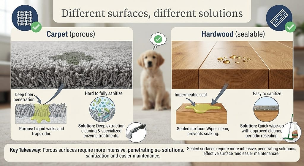 Flooring comparison Carpet (porous) vs Hardwood (sealable). Text: "Different surfaces, different solut