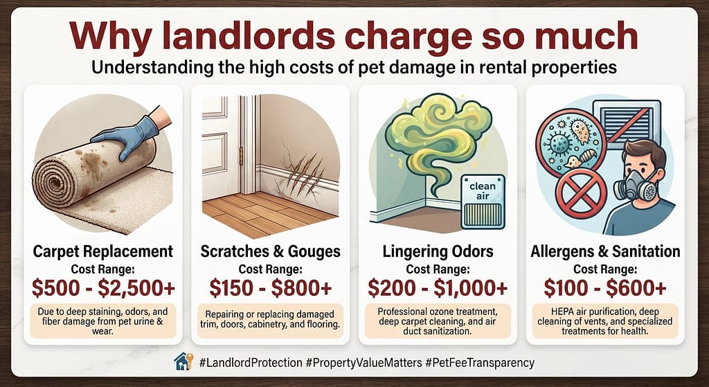 Landlord perspective graphic Carpet replacement, scratches, odors, allergens icons with cost ranges. Text: "Why landlords charge so much."