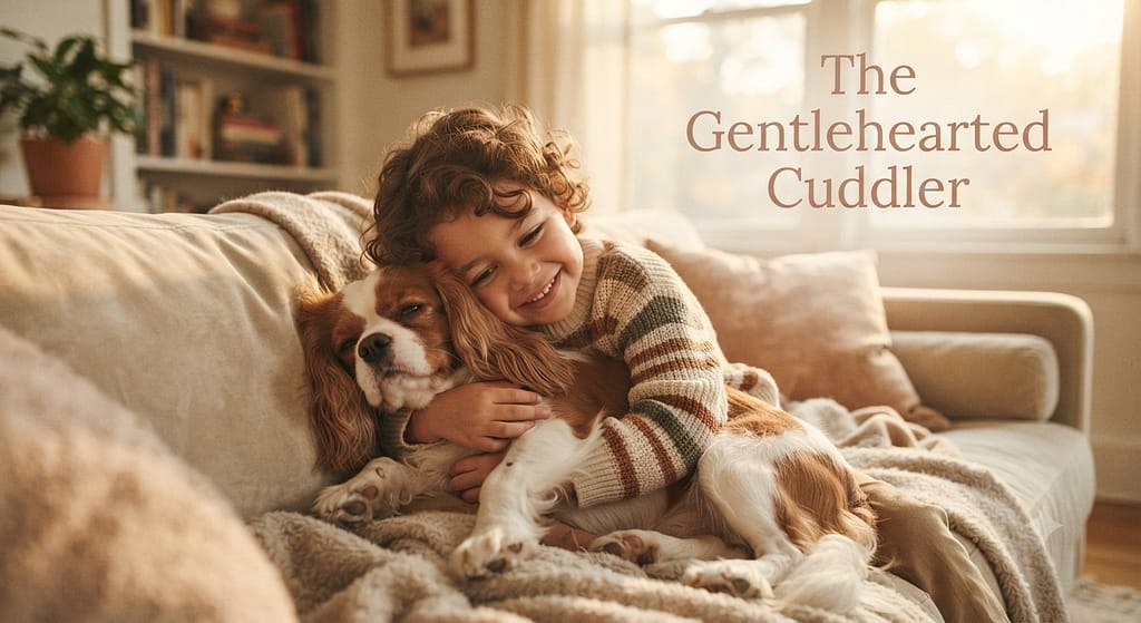 Cavalier with kids hero photo. Cavalier and child cuddling on the couch. Text: "The Gentlehearted Cuddler."