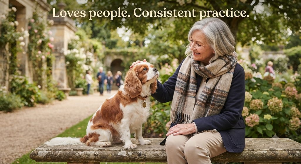 Cavalier greeting photo Cavalier calmly greeting. Text: "Loves people. Consistent practice."