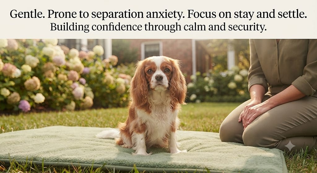 Cavalier training photo Cavalier calmly on "place." Text: "Gentle. Prone to separation anxiety. Focus on stay and settle."