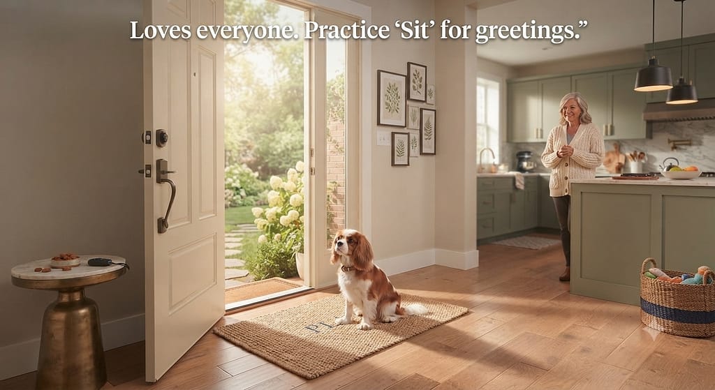 Cavalier doorway photo Cavalier calmly sitting for greeting. Text: "Loves everyone. Practice 'Sit' for greetings."