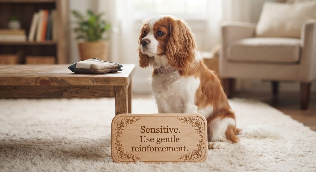 Cavalier impulse control photo Cavalier calmly waiting. Text: "Sensitive. Use gentle reinforcement."
