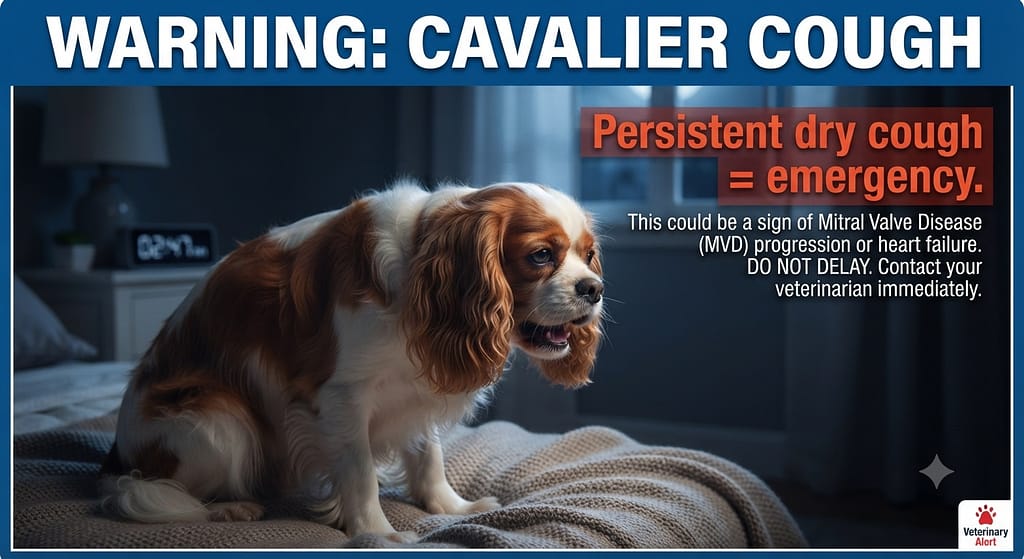 Cavalier cough warning graphic Cavalier coughing at night. Text: "Persistent dry cough = emergency."