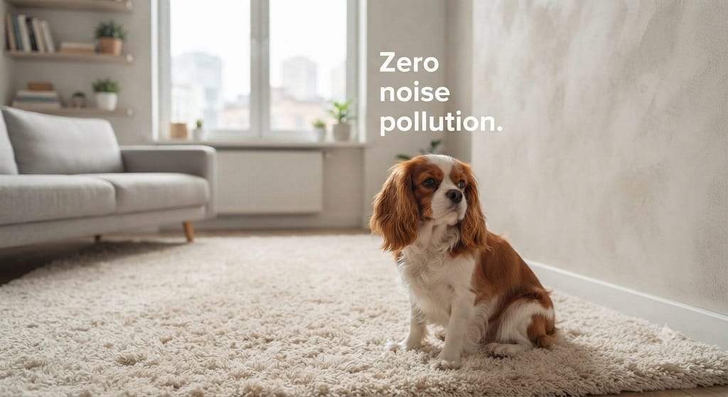 Cavalier apartment photo Cavalier in apartment setting. Text: "Zero noise pollution."