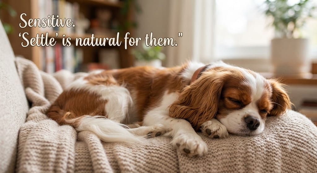 Cavalier settle photo Cavalier lying down, relaxed. Text: "Sensitive. 'Settle' is natural for them."
