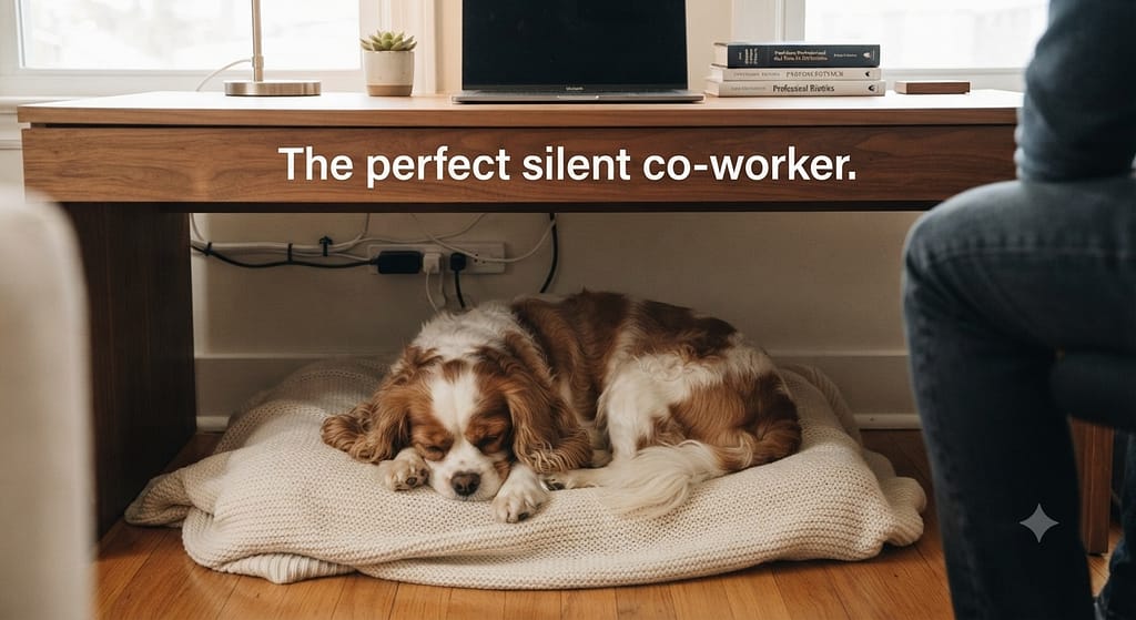 Cavalier under desk photo Cavalier lying under home office desk. Text: "The perfect silent co-worker."
