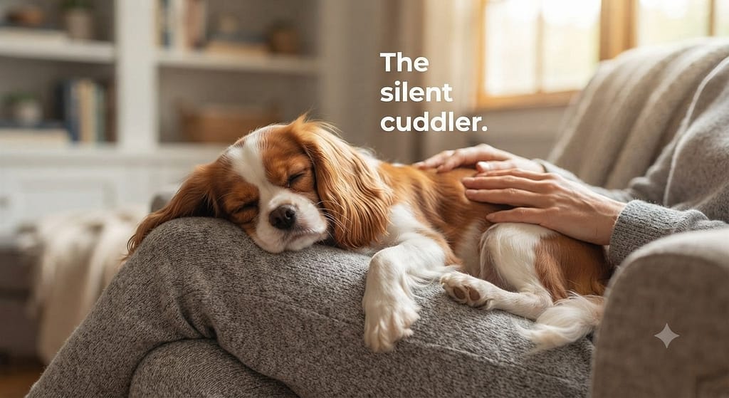 Cavalier lap photo Cavalier on lap, peaceful. Text: "The silent cuddler."