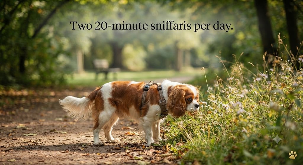 Cavalier sniffari photo Cavalier on leisurely walk. Text: "Two 20-minute sniffaris per day."
