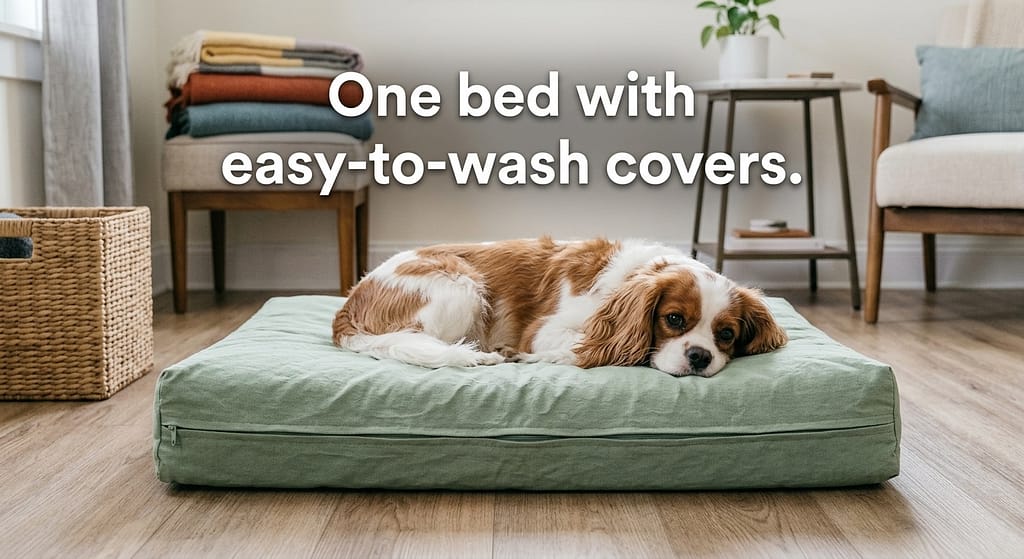 Cavalier space-saving photo Cavalier on washable bed. Text: "One bed with easy-to-wash covers."