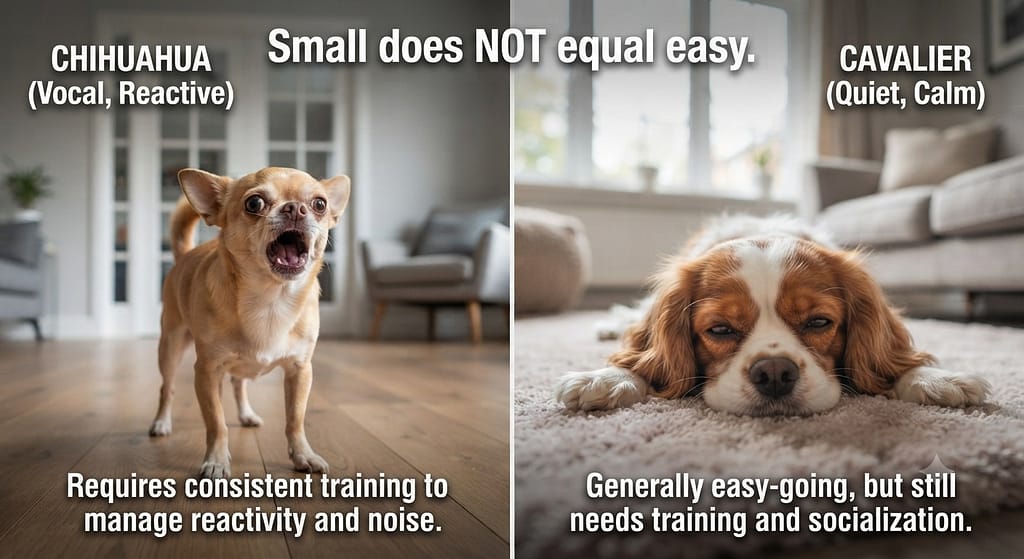 Small dog myth comparison Chihuahua (vocal, reactive) vs Cavalier (quiet, calm). Text: "Small does NOT equal easy."