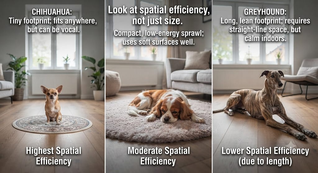 Spatial efficiency comparison Chihuahua vs Cavalier vs Greyhound in apartment. Text: "Look at spatial efficiency, not just size."