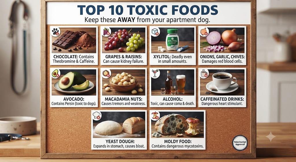 Toxic food collage Chocolate, grapes, xylitol, onions, avocado, macadamia nuts, alcohol, caffeine, yeast dough, moldy food. Text: "Top 10 toxic foods."