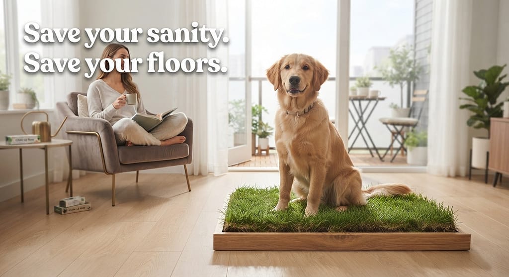 "After" hero photo Clean apartment/balcony with functional potty setup, happy dog, relaxed owner. Text: "Save your sanity. Save your floors."