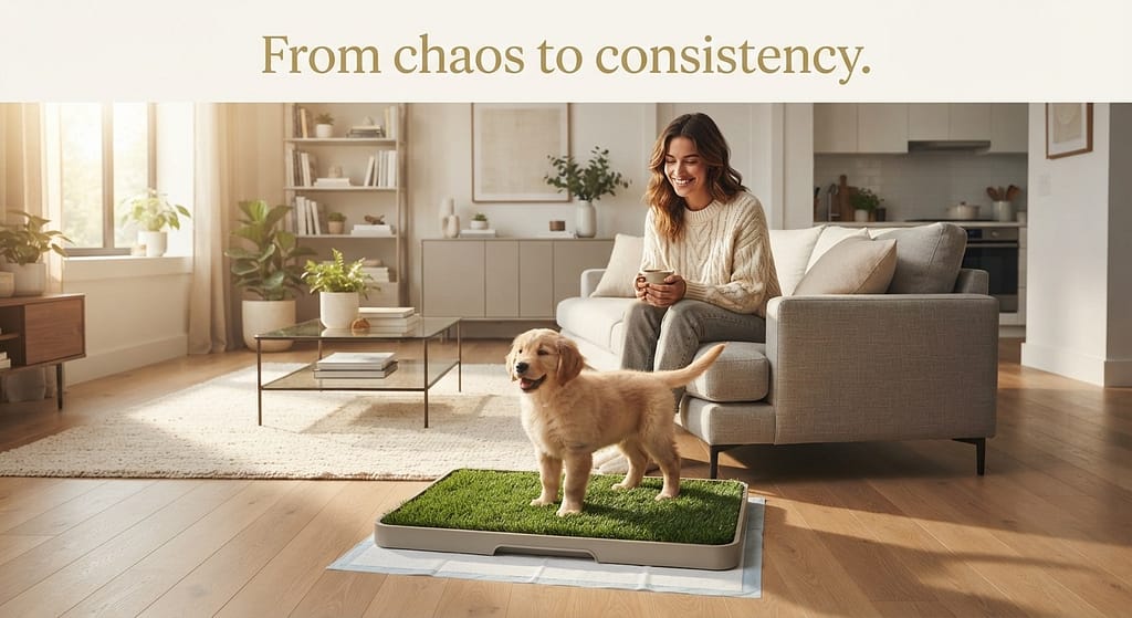 Aspirational hero photo Clean apartment, happy puppy on potty spot, relaxed owner. Text: "From chaos to consistency."