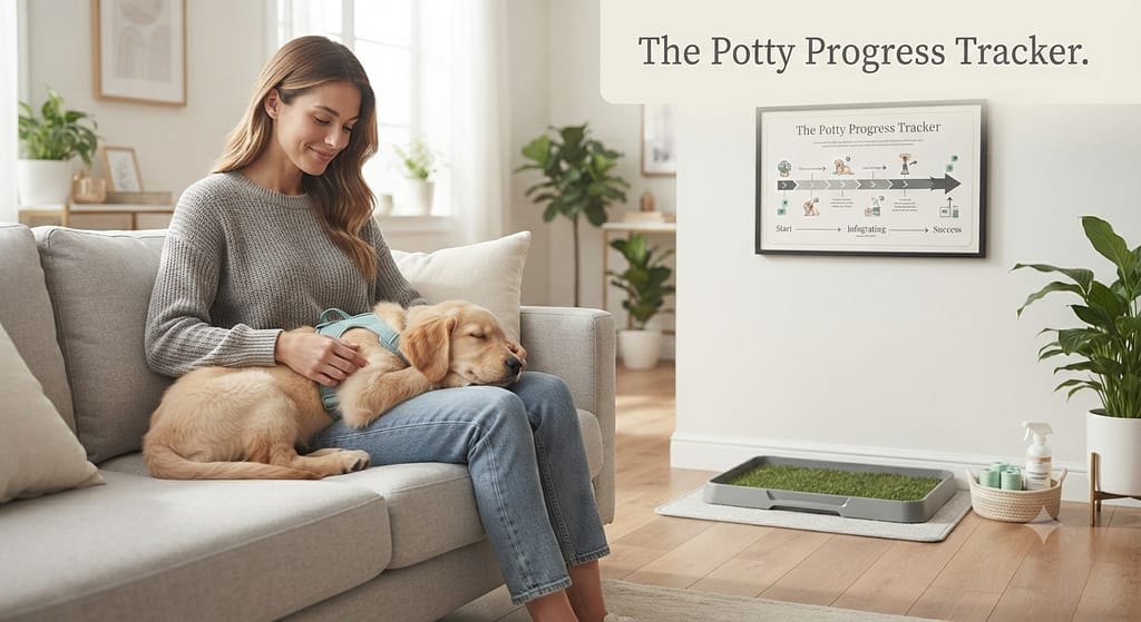 "After" hero photo Clean apartment, happy puppy, relaxed owner, tidy potty setup. Text: "The Potty Progress Tracker."