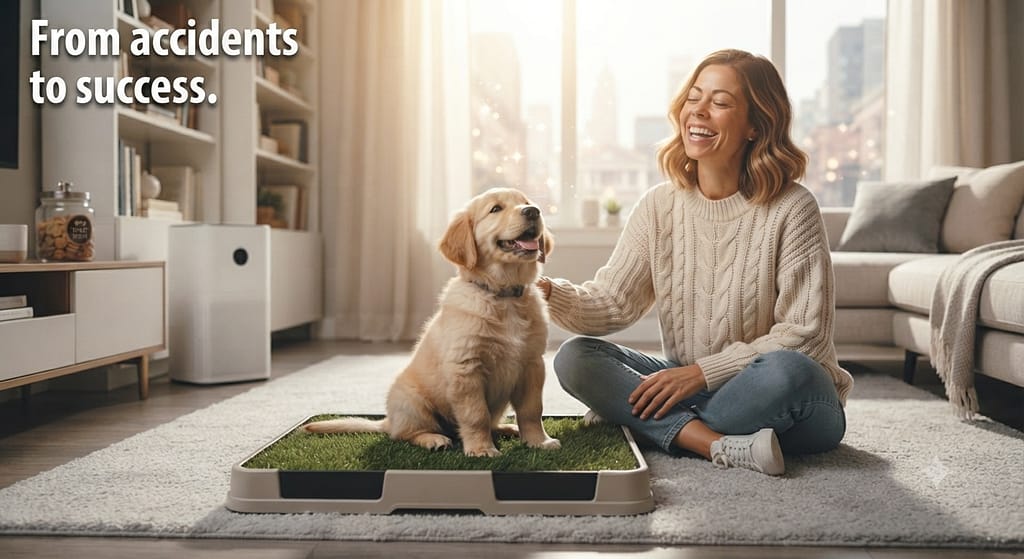 Aspirational hero photo Clean apartment, happy puppy with tidy potty setup, relaxed owner. Text: "From accidents to success."