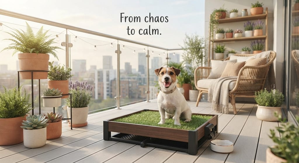 Aspirational hero photo Clean, functional dog potty setup with happy dog using it, organized balcony. Text: "From chaos to calm."