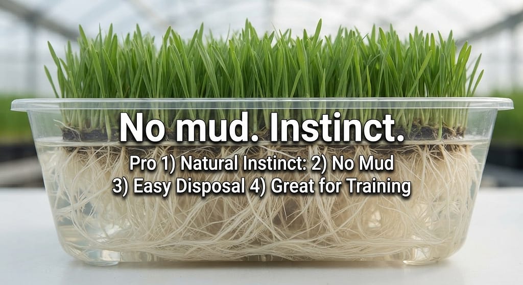 Hydroponic grass root close-up Clean roots, no soil. Text: "No mud. Natural instinct."