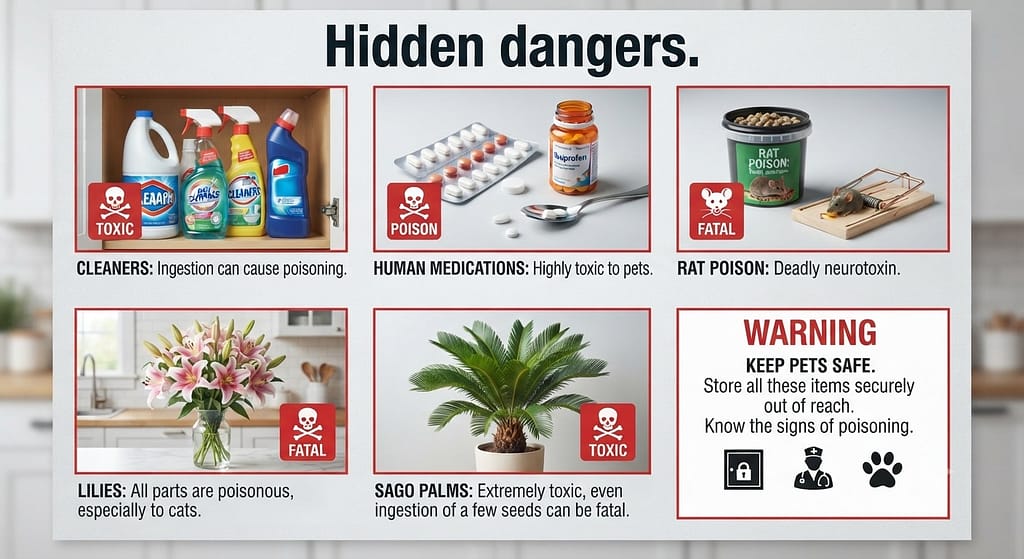 Household hazard collage Cleaners, human medications, rat poison, lilies, sago palms. Text: "Hidden dangers."