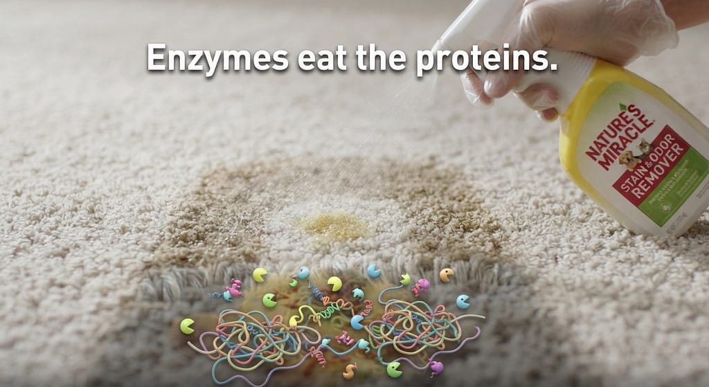 Enzymatic cleaner action photo Cleaning accident spot with Nature's Miracle. Text: "Enzymes eat the proteins."