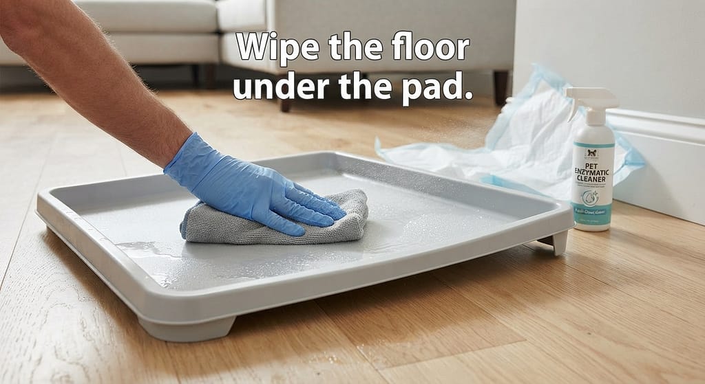 Wiping tray with enzyme photo Cleaning tray with enzymatic cleaner. Text: "Wipe the floor under the pad."