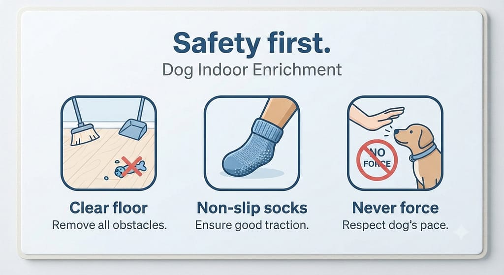 Safety icons Clear floor / Non-slip socks / Never force. Text: "Safety first."