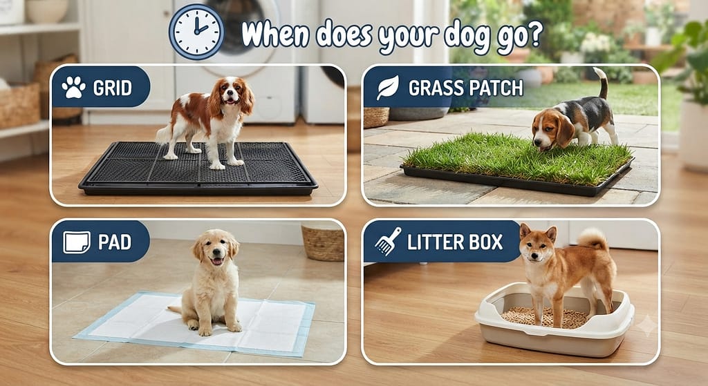 Clock icon Text: "When does your dog go?"