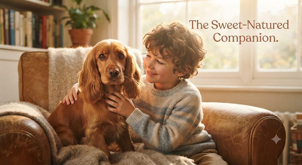 Cocker with kids hero photo Cocker Spaniel with child, sweet eyes. Text: "The Sweet-Natured Companion."