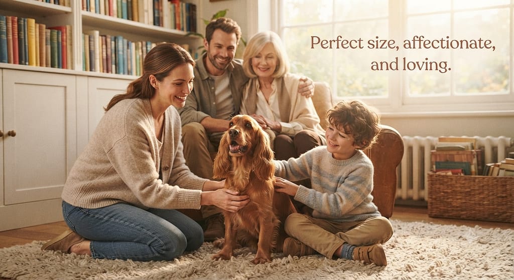 Cocker family photo Cocker with family. Text: "Perfect size, affectionate, and loving."