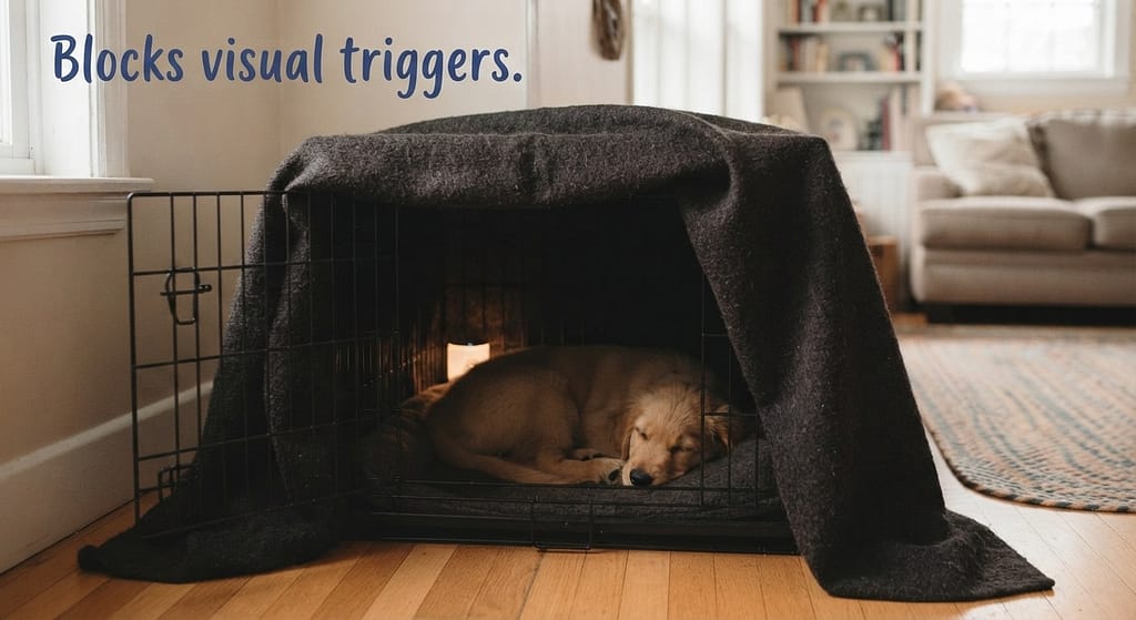 Covered crate photo Crate covered with heavy blanket, dark and cozy. Text: "Blocks visual triggers."