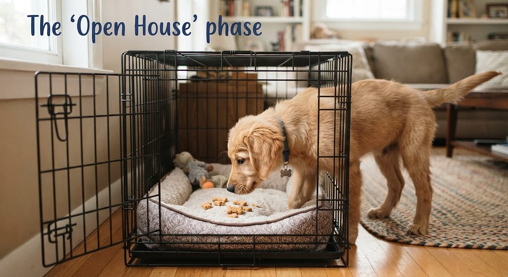 Crate open door photo Crate door open, treats inside, dog investigating. Text: "The 'Open House' phase."